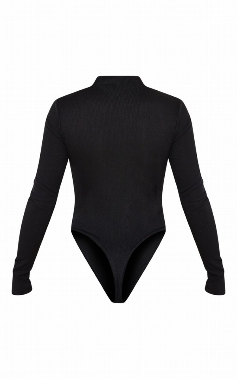 Body-uri Pretty Little Thing Rib Zip Up Long Sleeve Negrii | ASJI73094