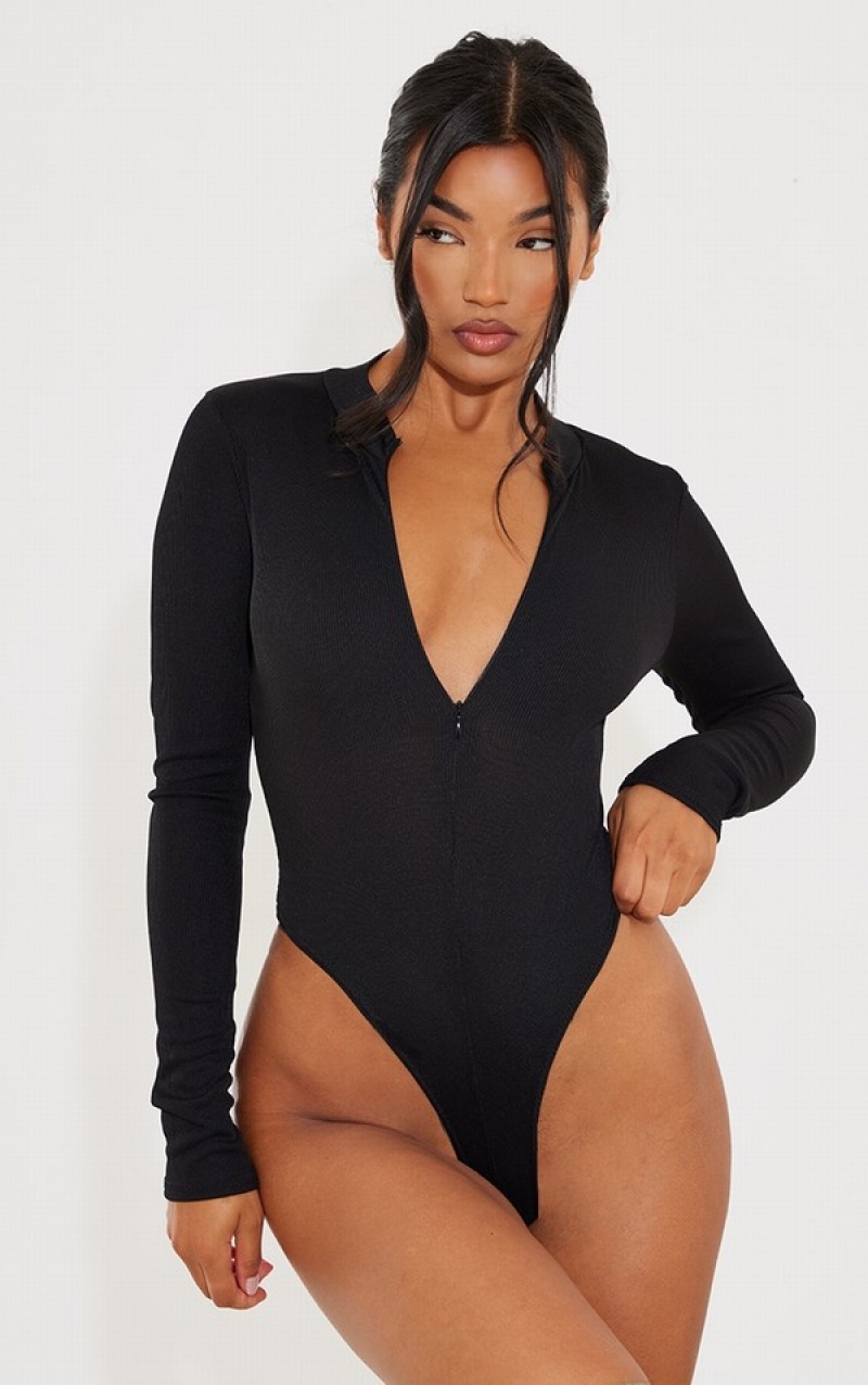 Body-uri Pretty Little Thing Rib Zip Up Long Sleeve Negrii | ASJI73094