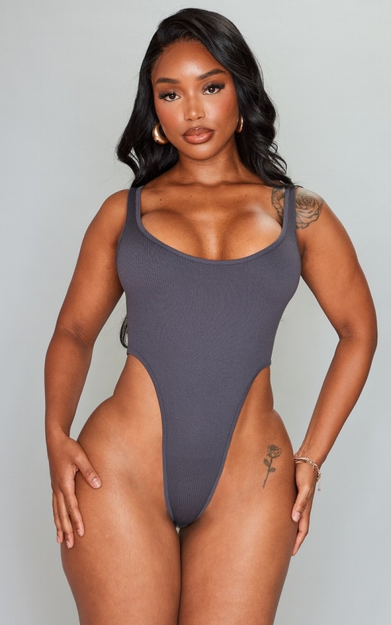 Body-uri Pretty Little Thing Shape Charcoal StructuSnatched Rib High Rise Gri | BWJA28309