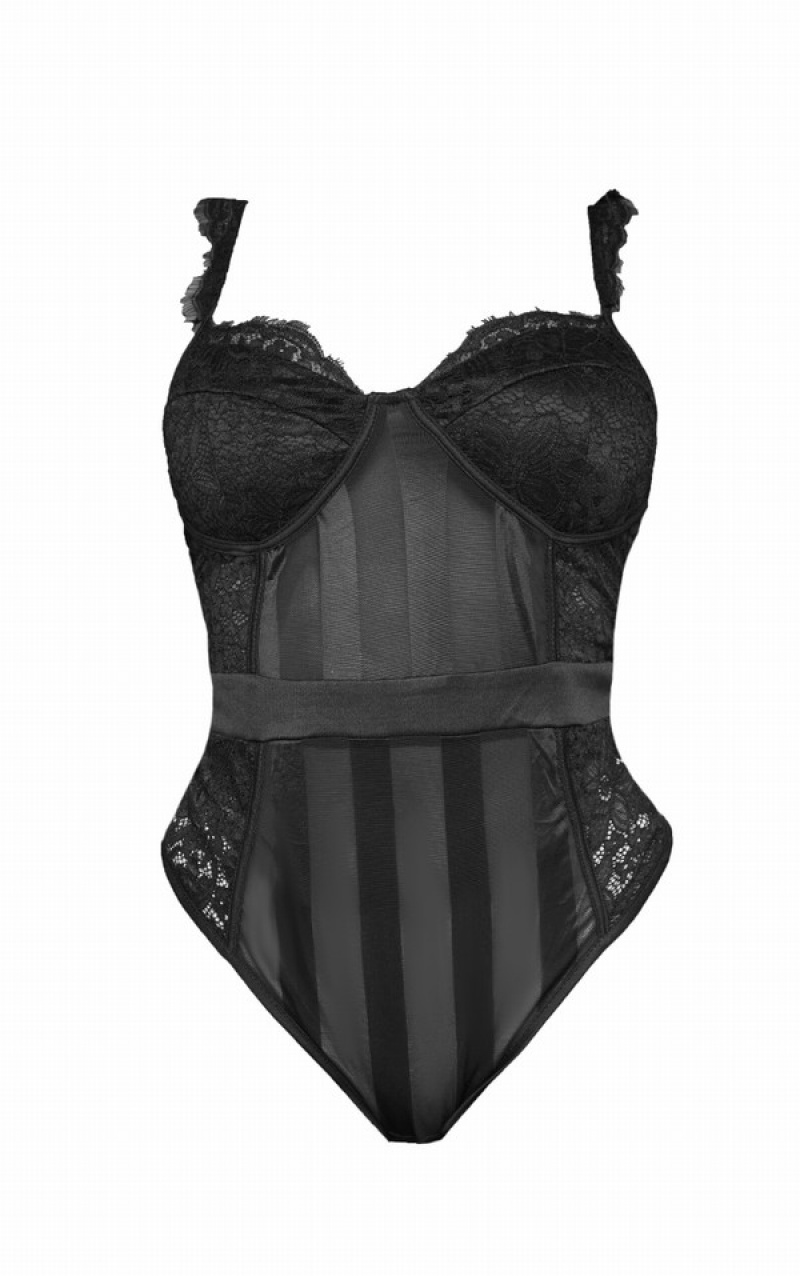 Body-uri Pretty Little Thing Shape Dantela Mesh Stripe Negrii | BJAP20697