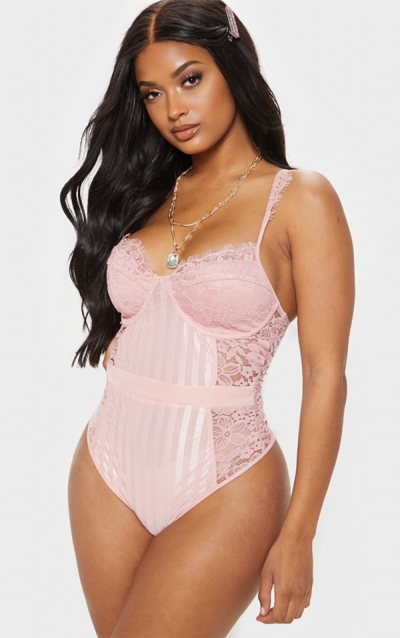 Body-uri Pretty Little Thing Shape Dusty Dantela Mesh Stripe Roz | IAYC15974