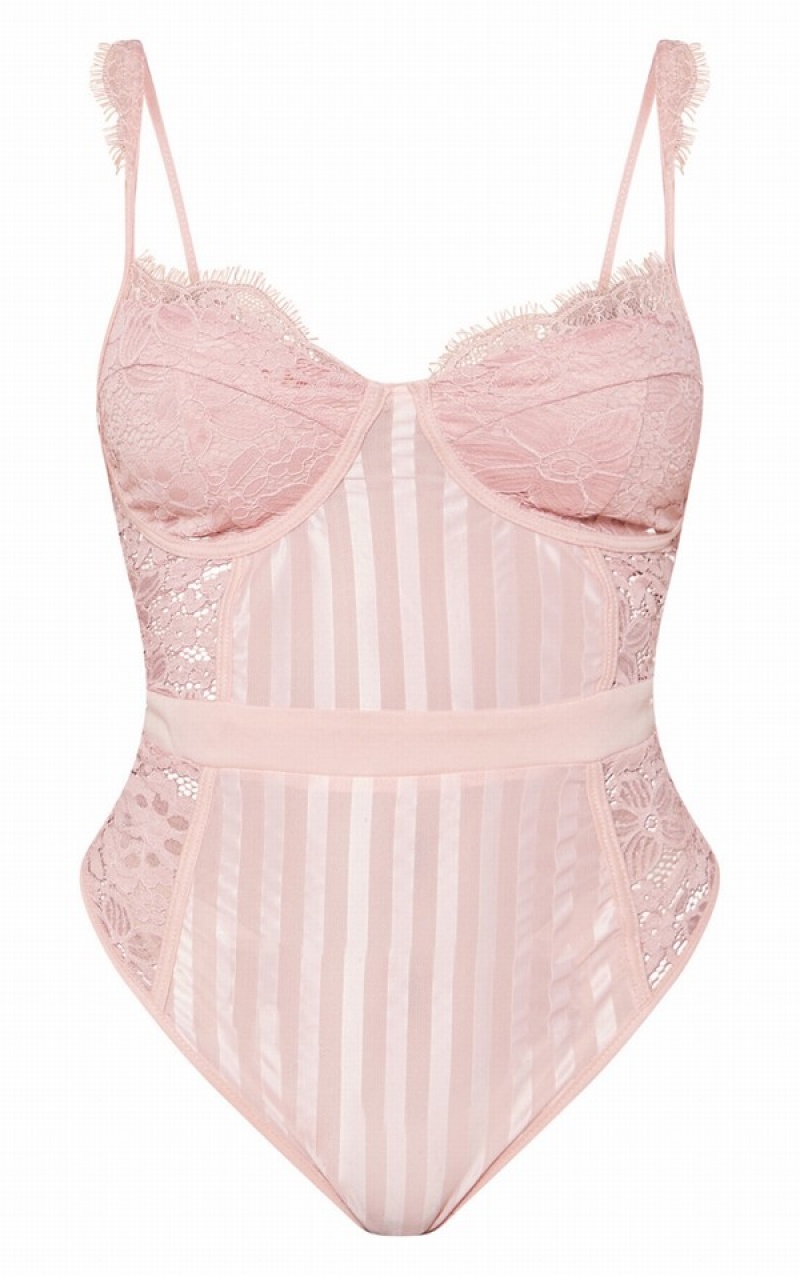 Body-uri Pretty Little Thing Shape Dusty Dantela Mesh Stripe Roz | IAYC15974