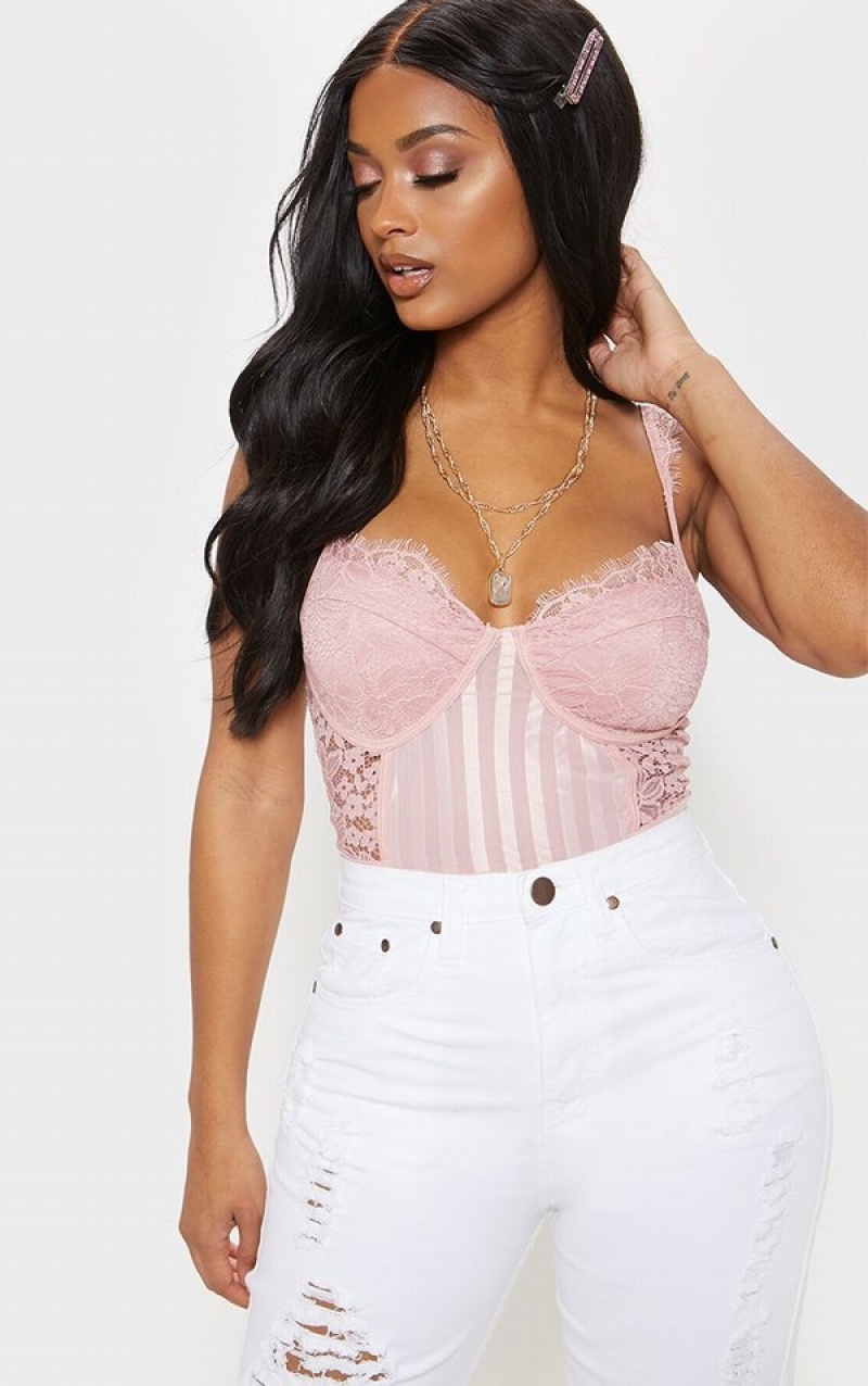 Body-uri Pretty Little Thing Shape Dusty Dantela Mesh Stripe Roz | IAYC15974