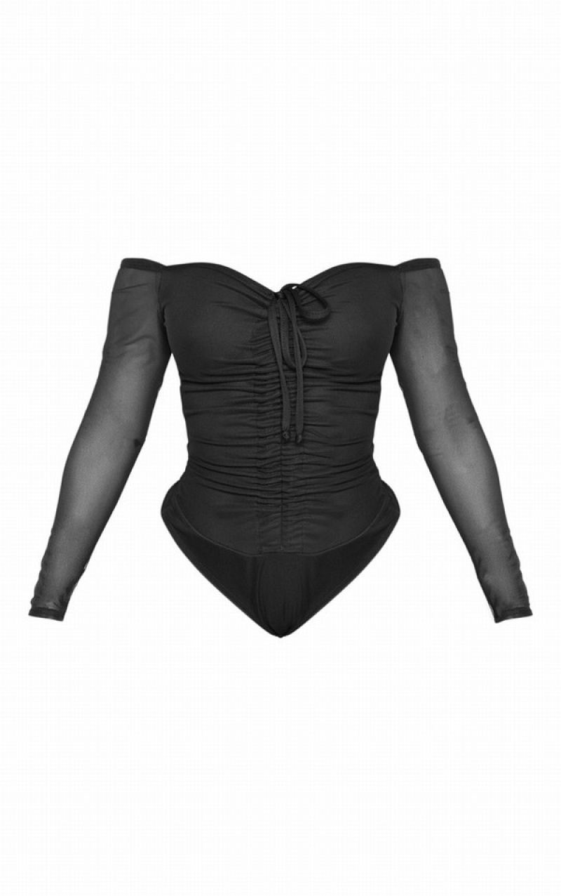 Body-uri Pretty Little Thing Shape Mesh Long Sleeve Ruched Negrii | SQZU83056