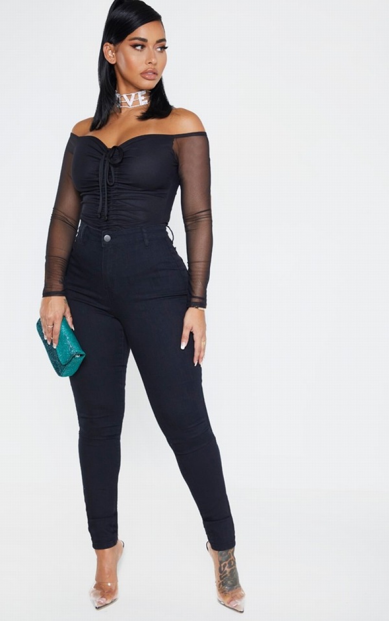 Body-uri Pretty Little Thing Shape Mesh Long Sleeve Ruched Negrii | SQZU83056