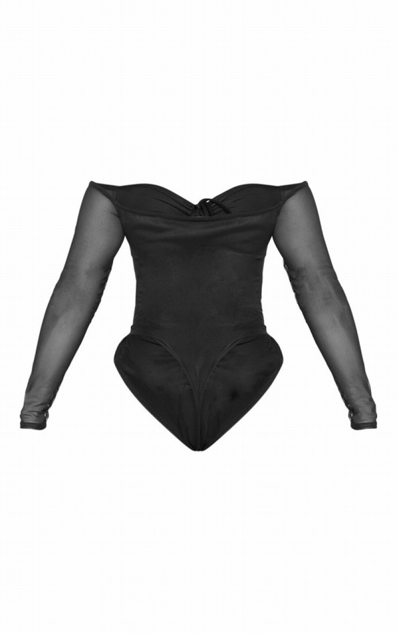 Body-uri Pretty Little Thing Shape Mesh Long Sleeve Ruched Negrii | SQZU83056