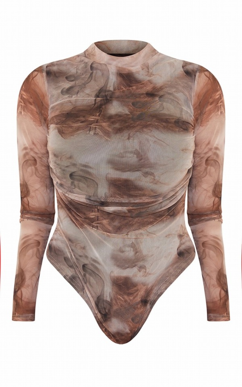 Body-uri Pretty Little Thing Shape Smoke Print Mesh Ruched High Neck Maro | EUOM76380
