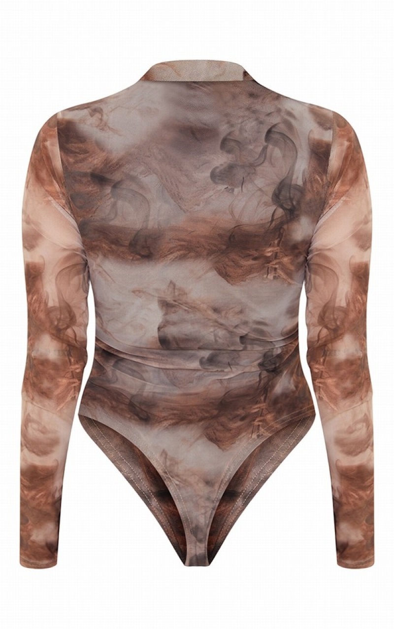 Body-uri Pretty Little Thing Shape Smoke Print Mesh Ruched High Neck Maro | EUOM76380