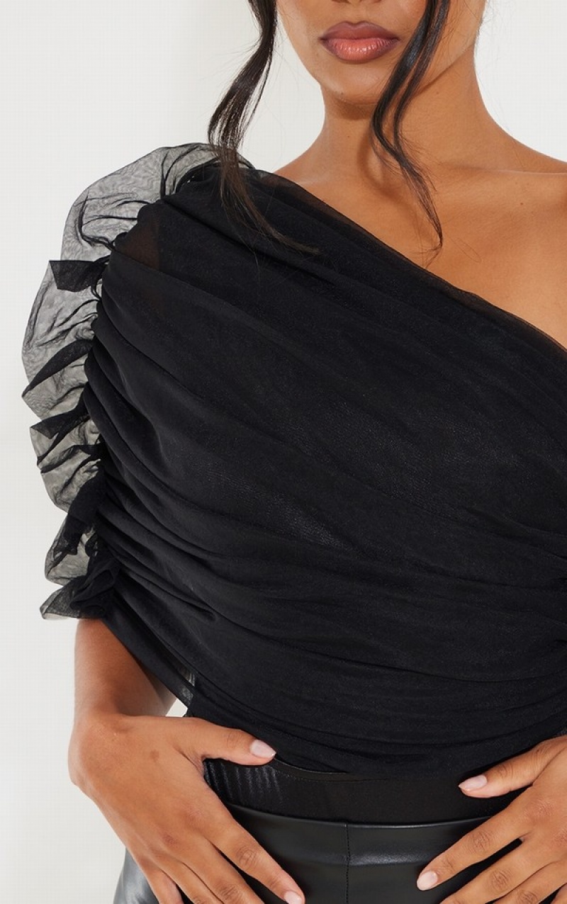 Body-uri Pretty Little Thing Sheer Ruffle One Shoulder Negrii | OTDX73482
