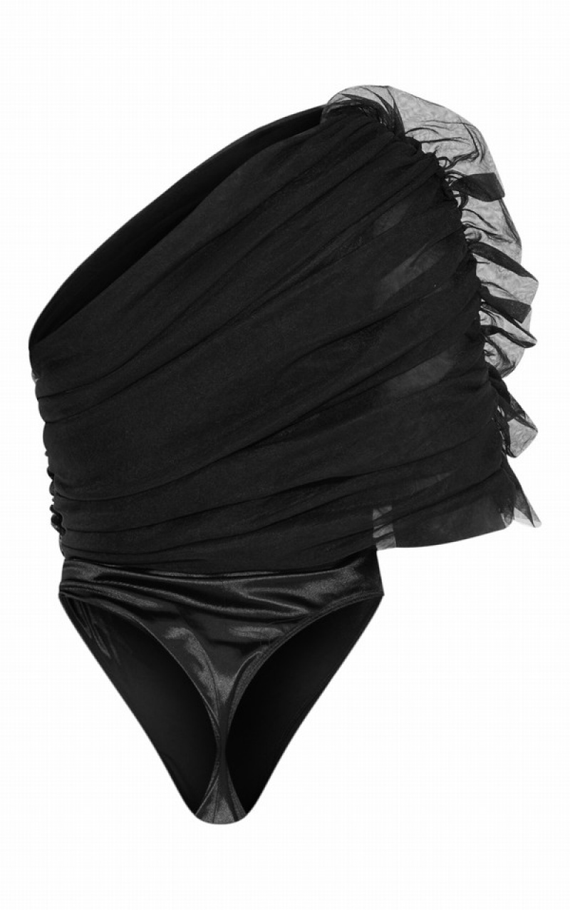 Body-uri Pretty Little Thing Sheer Ruffle One Shoulder Negrii | OTDX73482