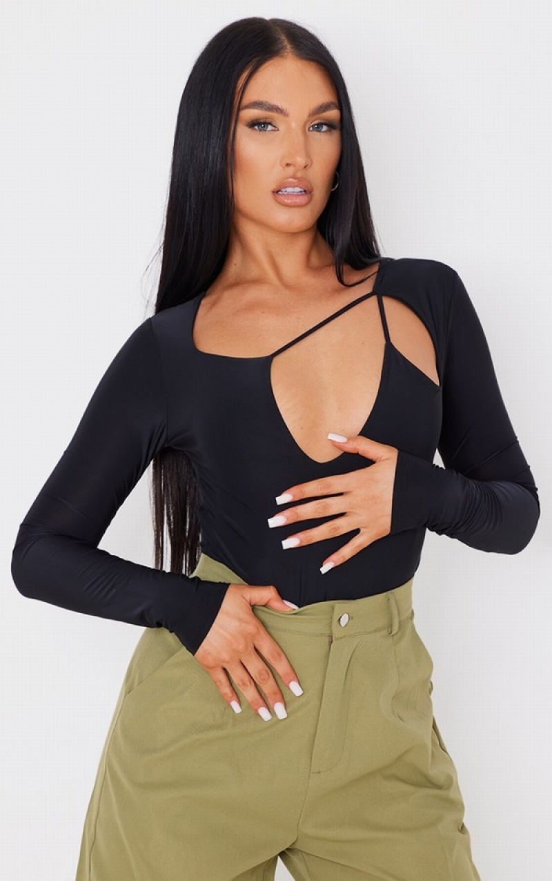 Body-uri Pretty Little Thing Slinky Cu Bretele Cut Out Long Sleeve Negrii | FGCE71428