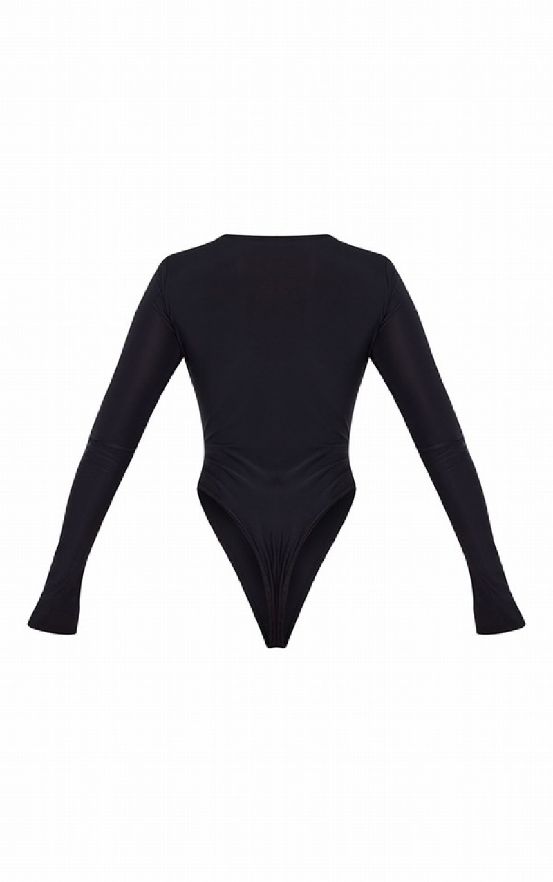 Body-uri Pretty Little Thing Slinky Cu Bretele Cut Out Long Sleeve Negrii | FGCE71428