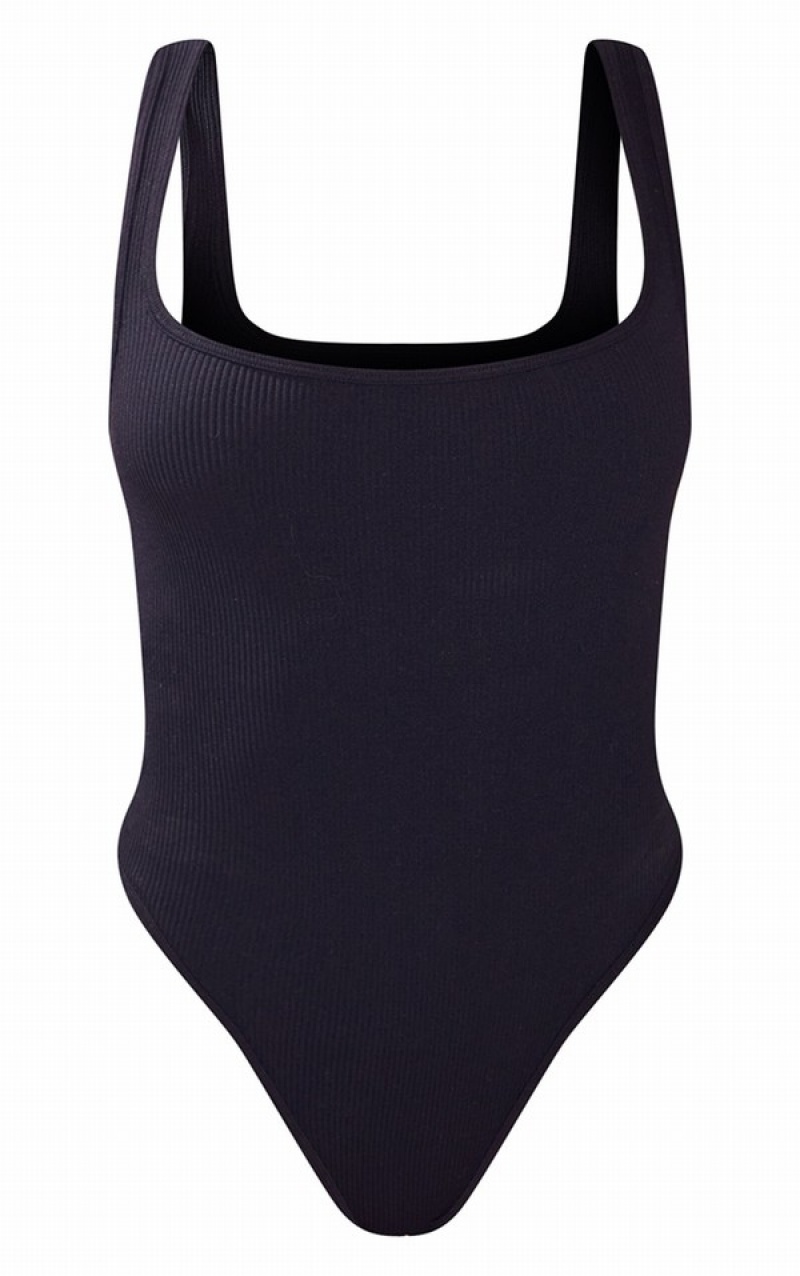 Body-uri Pretty Little Thing Snatched Rib Square Neck Fara Maneci Negrii | DWPC15264