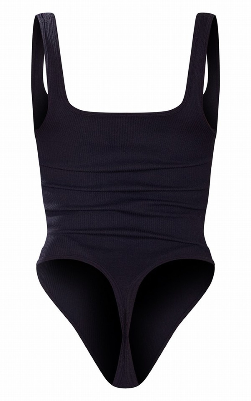 Body-uri Pretty Little Thing Snatched Rib Square Neck Fara Maneci Negrii | DWPC15264