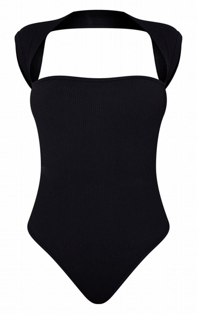 Body-uri Pretty Little Thing Snatched Rib Cut Out Sleeve Negrii | TCBG50873
