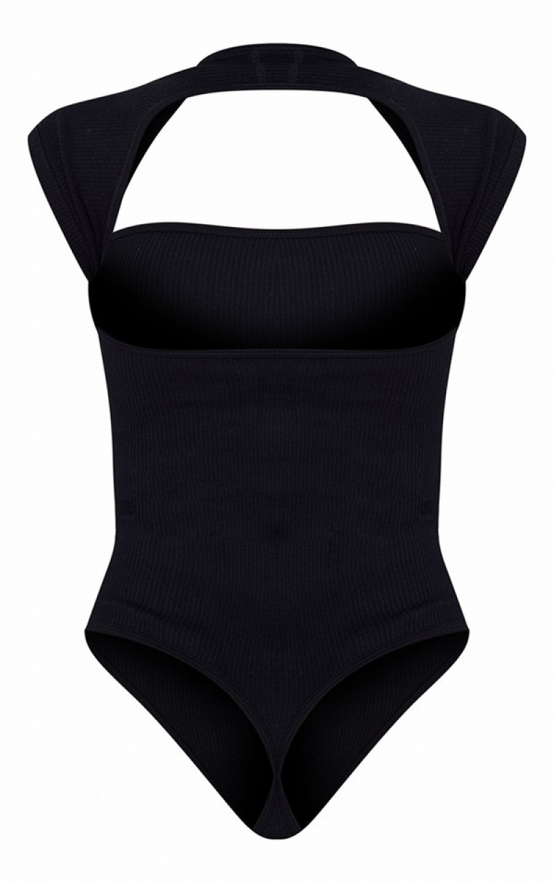 Body-uri Pretty Little Thing Snatched Rib Cut Out Sleeve Negrii | TCBG50873
