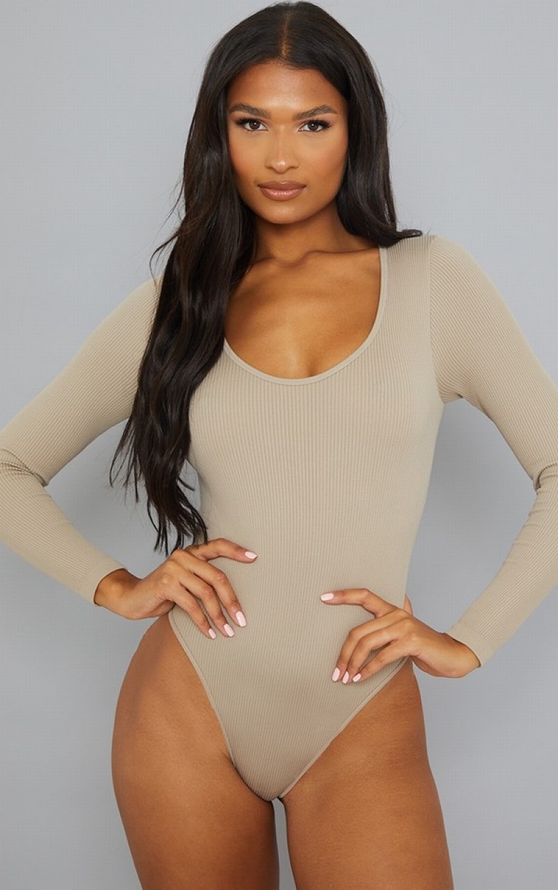 Body-uri Pretty Little Thing Stone Snatched Rib Scoop Neck Gri | EZIS35492