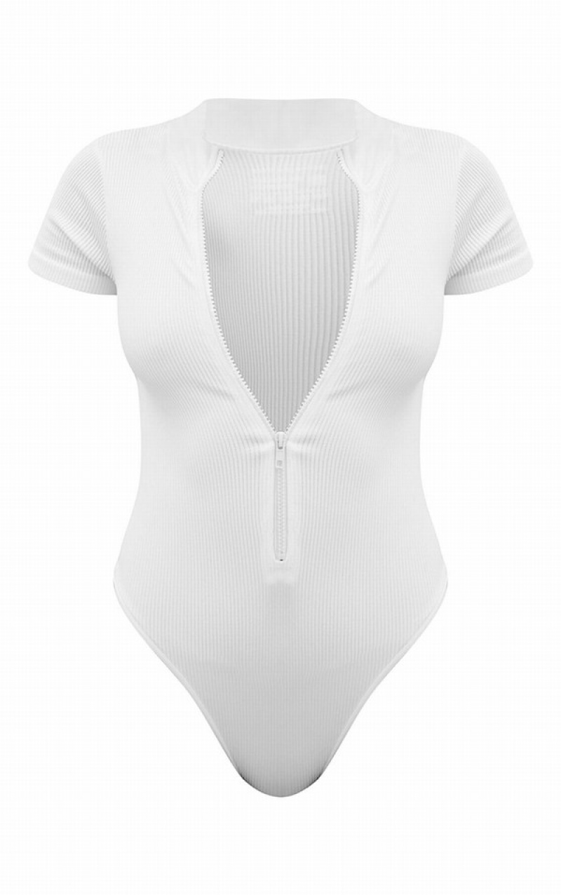 Body-uri Pretty Little Thing StructuSnatched Cu Nervuri Zip Front Sleeve Albi | YSEI67351