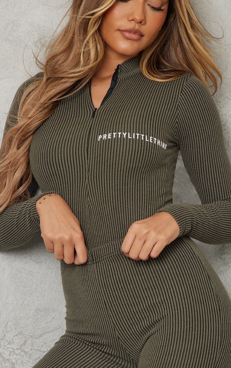 Body-uri Pretty Little Thing Two Tone Crinkle Rib Half Zip Kaki | DQOP20869