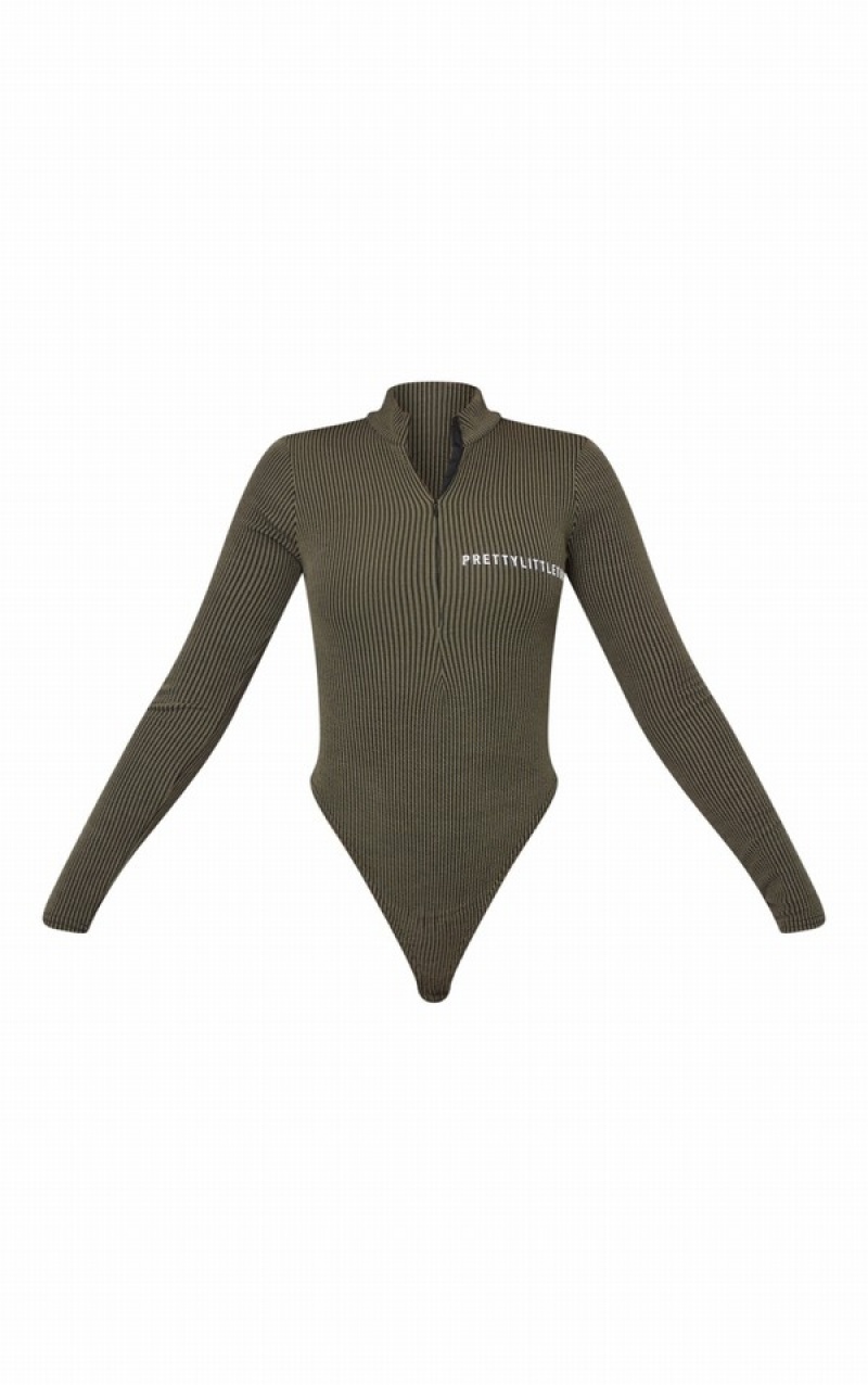 Body-uri Pretty Little Thing Two Tone Crinkle Rib Half Zip Kaki | DQOP20869