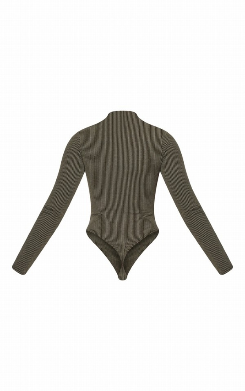 Body-uri Pretty Little Thing Two Tone Crinkle Rib Half Zip Kaki | DQOP20869