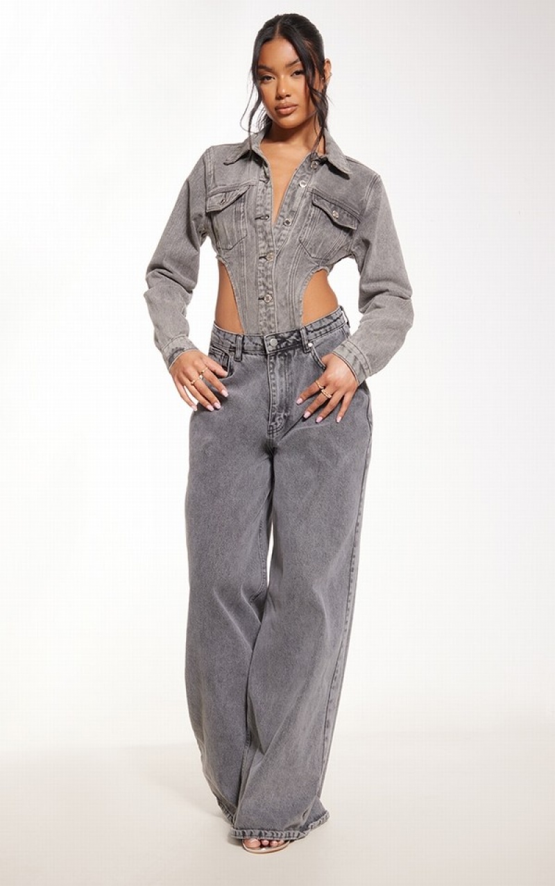 Body-uri Pretty Little Thing Washed Pocket Front High Side Gri | XDER01497