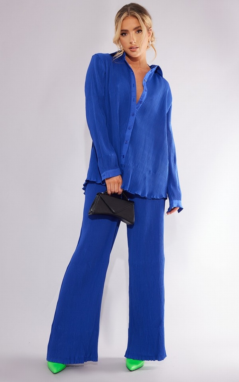 Camasa Pretty Little Thing Bright Plisse Button Front Oversized Albastri Deschis | PBJZ04586