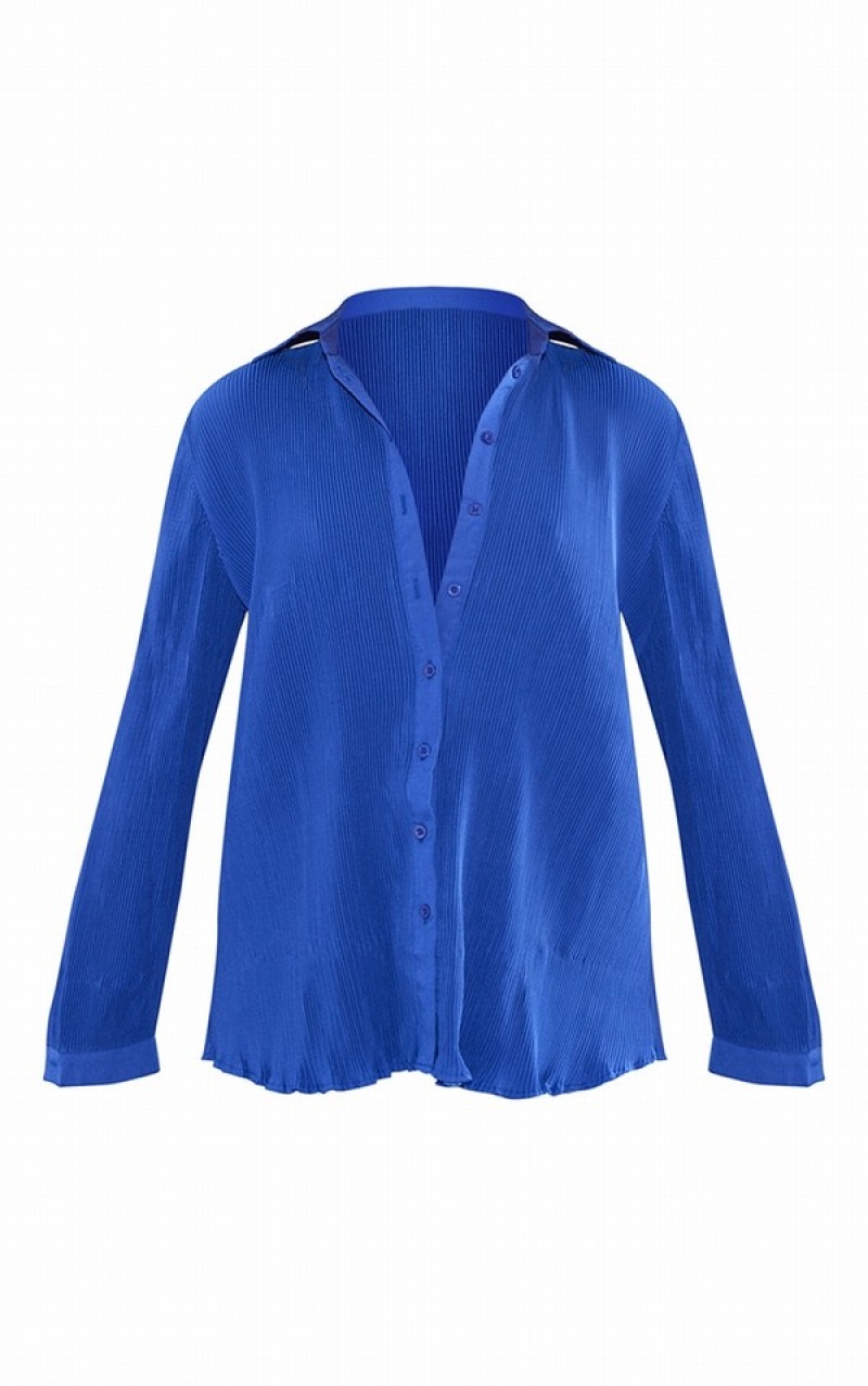 Camasa Pretty Little Thing Bright Plisse Button Front Oversized Albastri Deschis | PBJZ04586