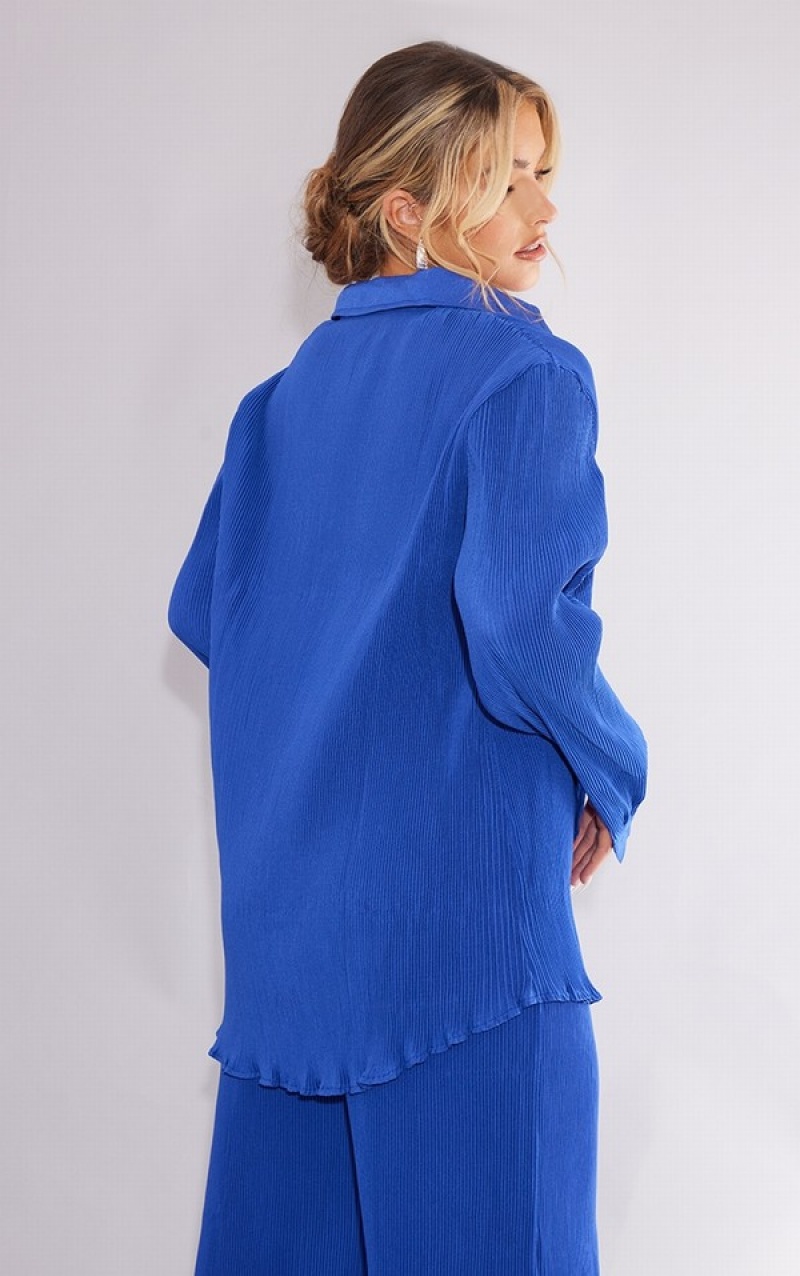 Camasa Pretty Little Thing Bright Plisse Button Front Oversized Albastri Deschis | PBJZ04586