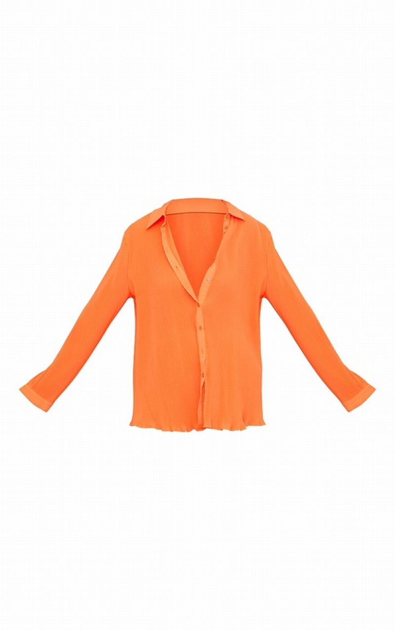 Camasa Pretty Little Thing Bright Plisse Button Front Oversized Portocalii Deschis | FKRG30254