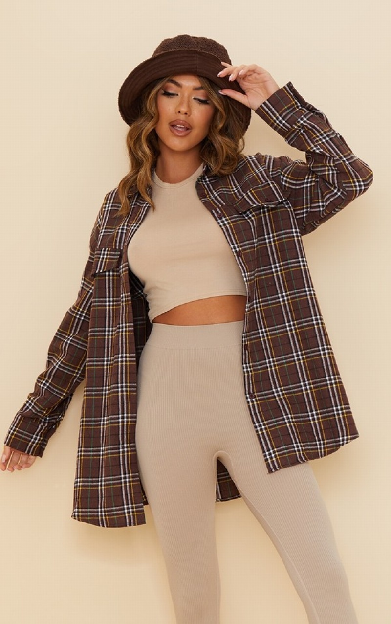 Camasa Pretty Little Thing Checked Pocket Detail Oversized Long Sleeve Ciocolata | HIBX26403