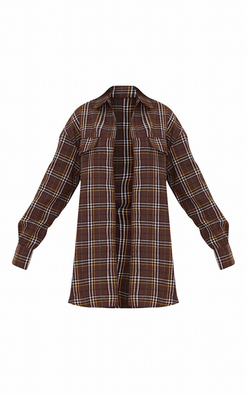 Camasa Pretty Little Thing Checked Pocket Detail Oversized Long Sleeve Ciocolata | HIBX26403