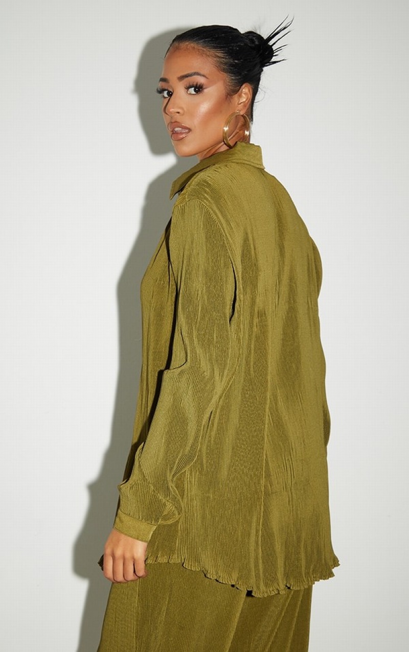 Camasa Pretty Little Thing Cizme Inalte Plisse Oversized Cuff Detail Masline Verzi | CSAP65973