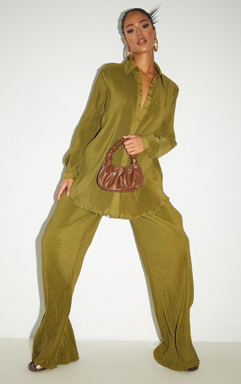 Camasa Pretty Little Thing Cizme Inalte Plisse Oversized Cuff Detail Masline Verzi | CSAP65973