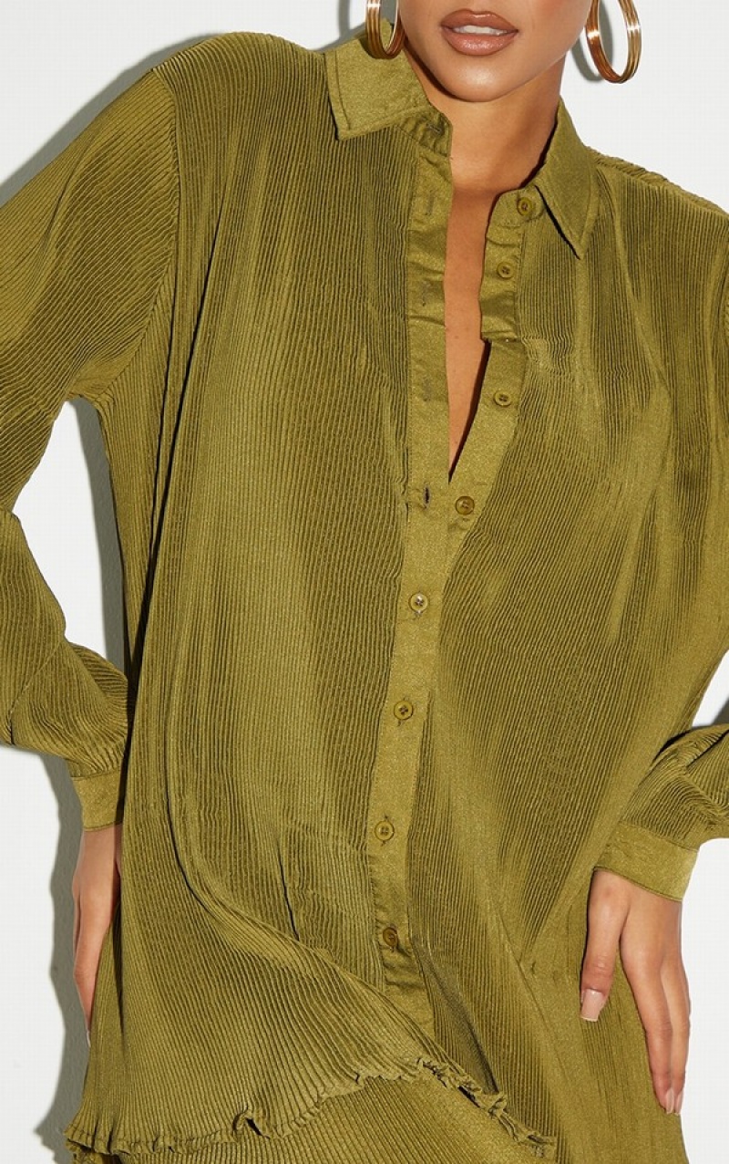 Camasa Pretty Little Thing Cizme Inalte Plisse Oversized Cuff Detail Masline Verzi | CSAP65973