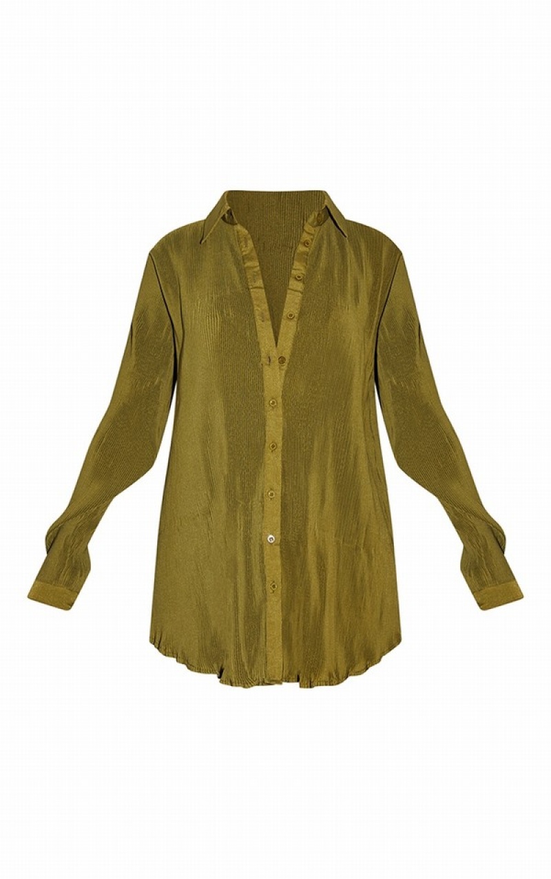 Camasa Pretty Little Thing Cizme Inalte Plisse Oversized Cuff Detail Masline Verzi | CSAP65973