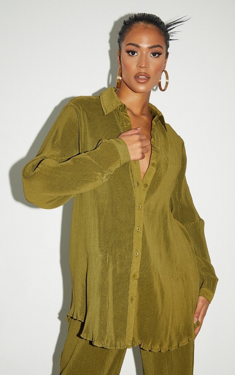 Camasa Pretty Little Thing Cizme Inalte Plisse Oversized Cuff Detail Masline Verzi | CSAP65973