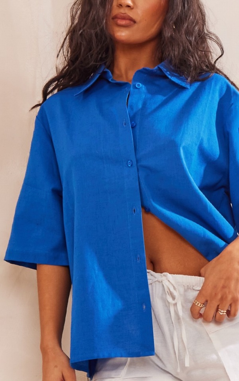 Camasa Pretty Little Thing Cobalt Oversized Linen Feel Sleeve Albastri Inchis | YONF31598