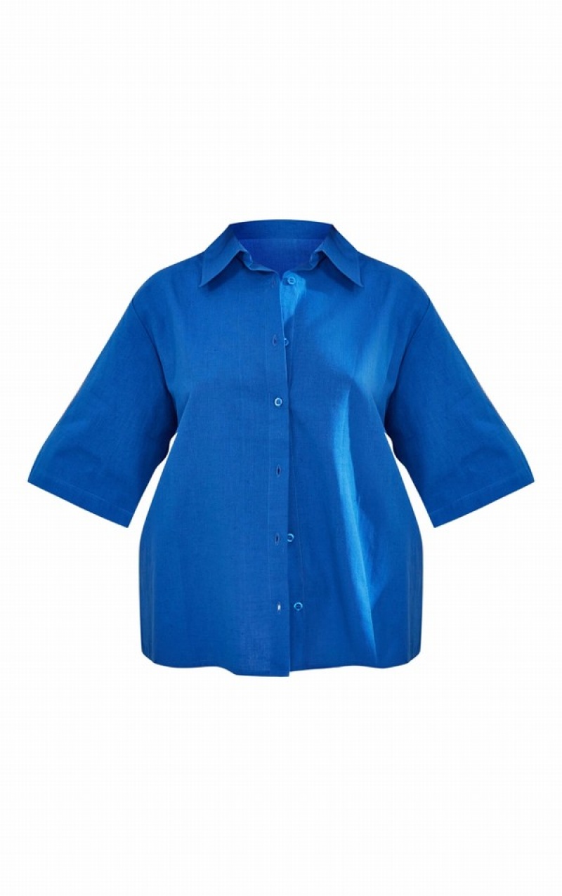 Camasa Pretty Little Thing Cobalt Oversized Linen Feel Sleeve Albastri Inchis | YONF31598