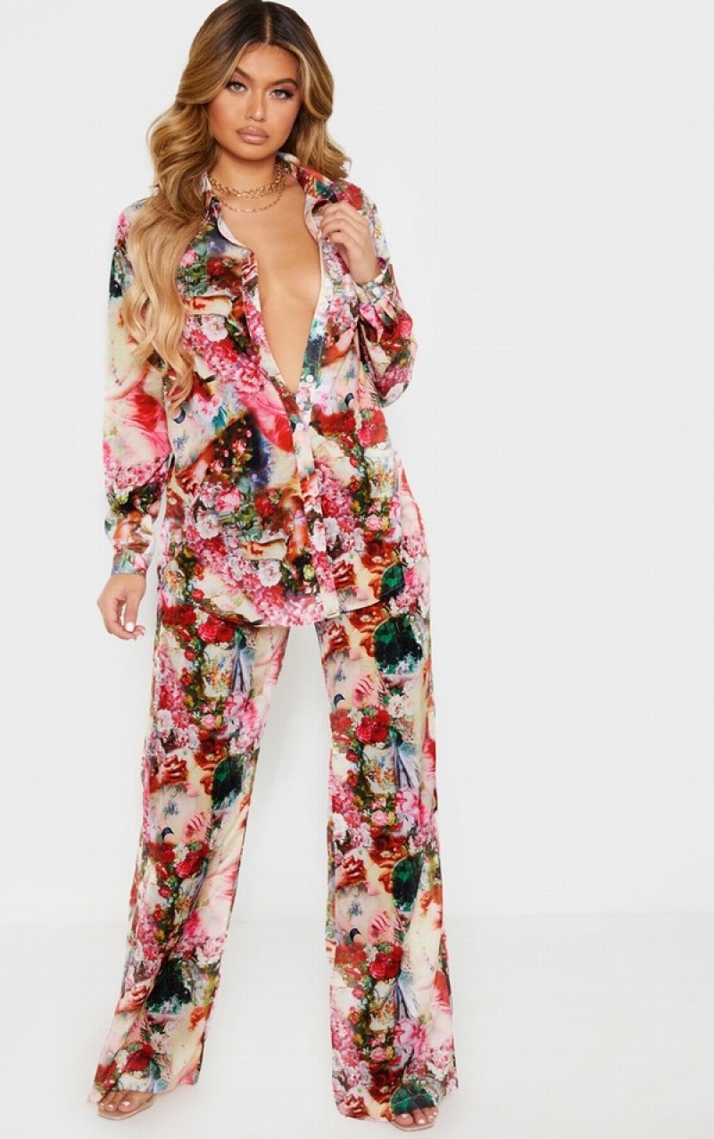 Camasa Pretty Little Thing Femme Renaissance Print Oversized Roz | PALE70342
