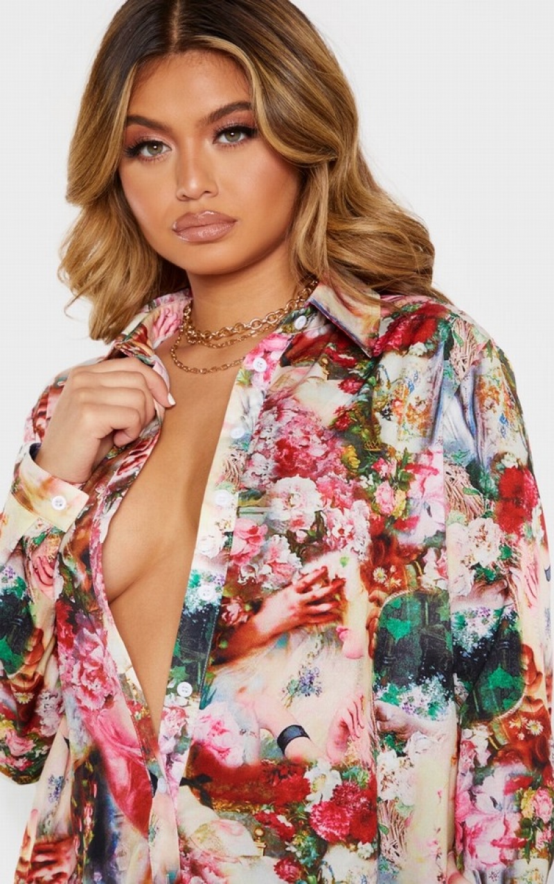 Camasa Pretty Little Thing Femme Renaissance Print Oversized Roz | PALE70342