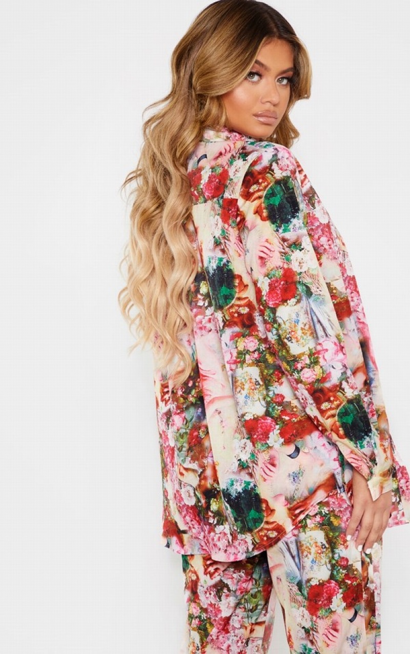 Camasa Pretty Little Thing Femme Renaissance Print Oversized Roz | PALE70342