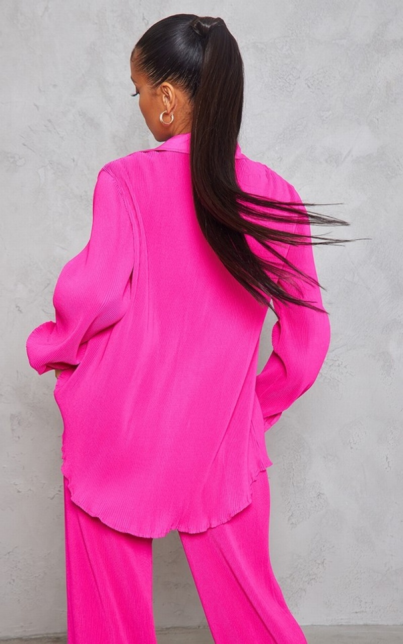 Camasa Pretty Little Thing Hot Plisse Button Front Oversized Roz | OQFD64529