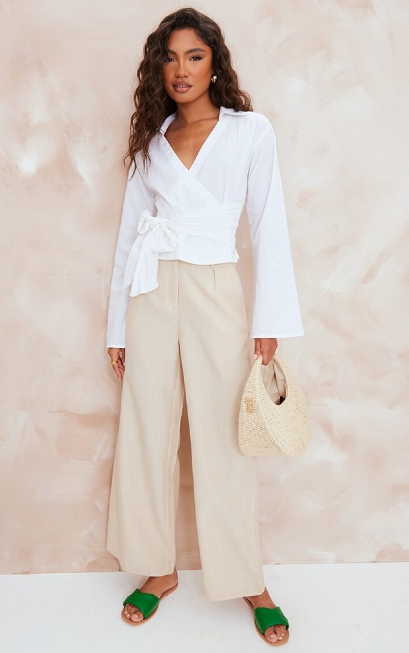 Camasa Pretty Little Thing Linen Look Wrap Front Fitted Albi | CWQU64281