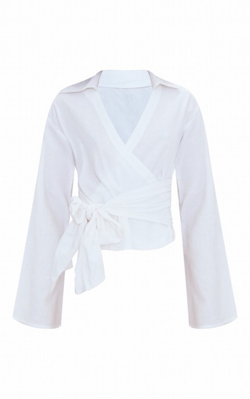 Camasa Pretty Little Thing Linen Look Wrap Front Fitted Albi | CWQU64281