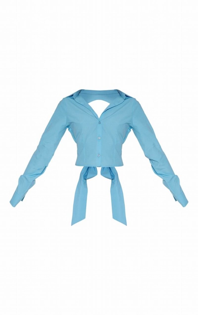 Camasa Pretty Little Thing Mineral Woven Fitted Long Sleeve Open Bow Back Albastri | PHSJ71208