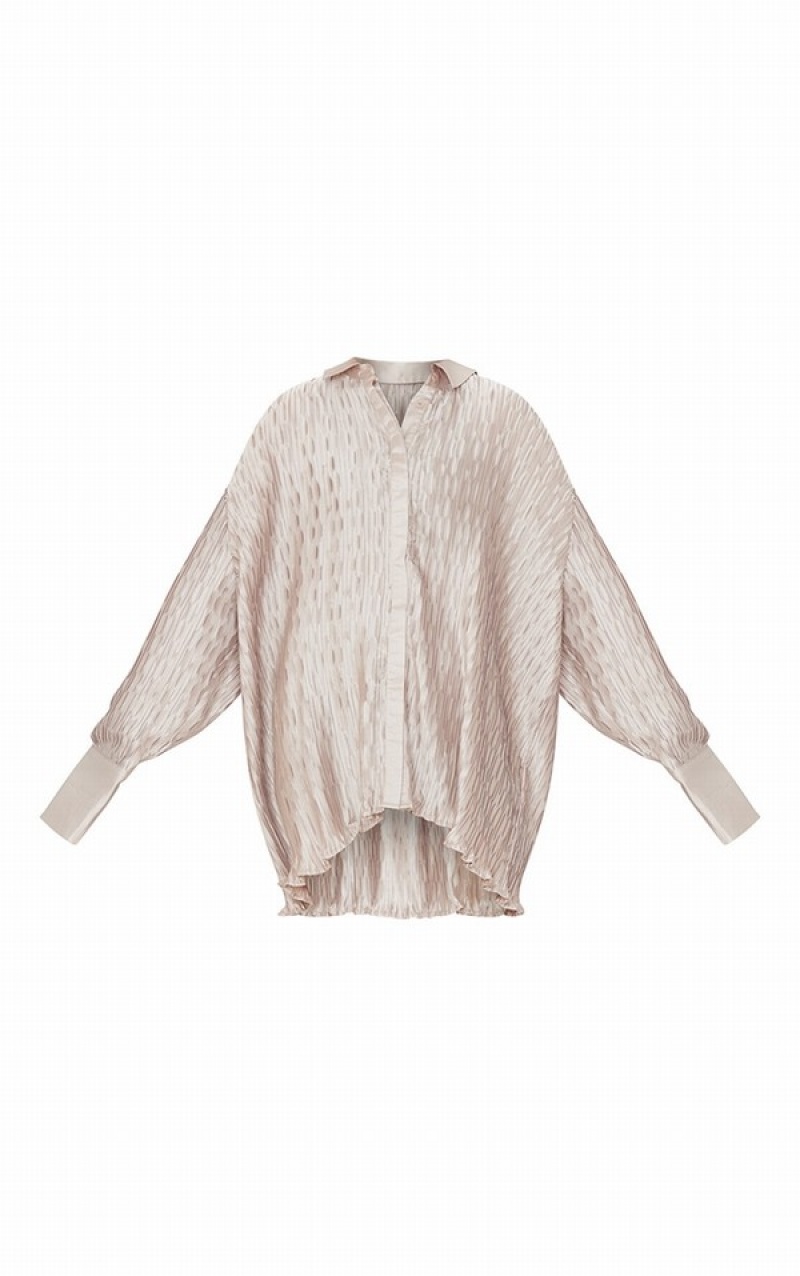 Camasa Pretty Little Thing Oatmeal Plisse Oversized Bej | BKXP68952