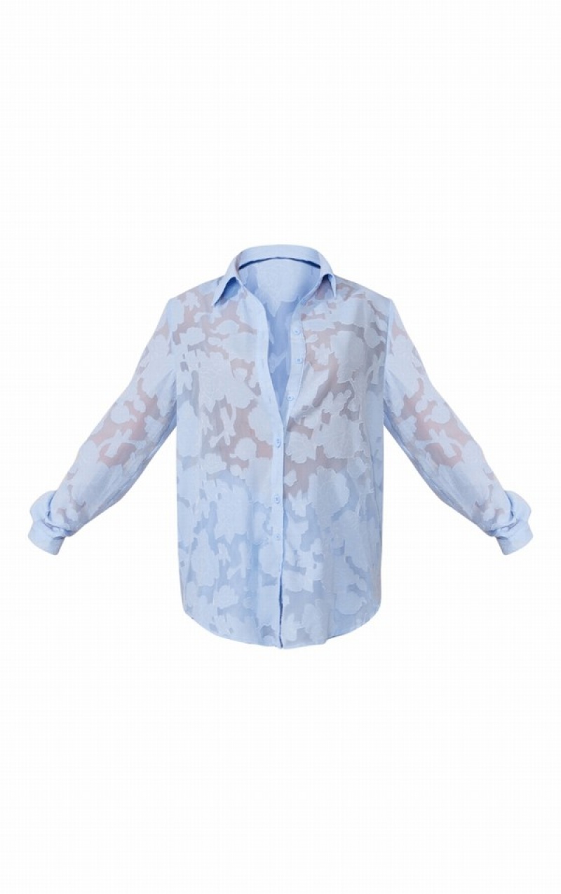 Camasa Pretty Little Thing Pale Sheer Floral TextuLong Sleeve Oversized Albastri | QHMB98352