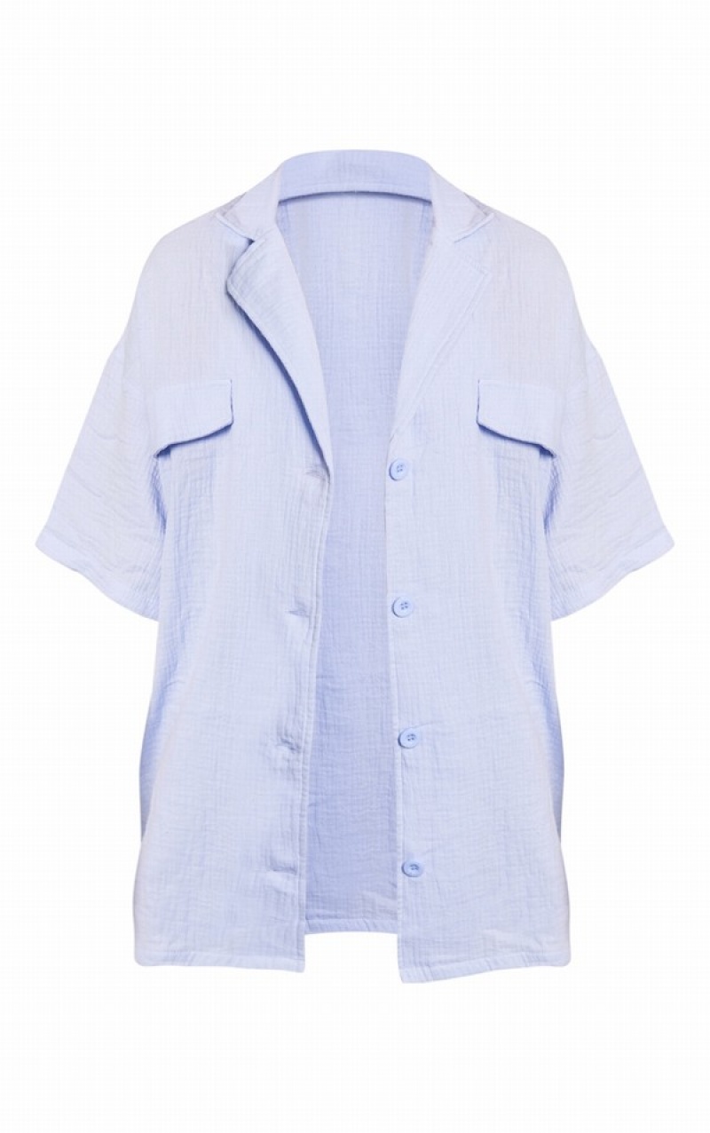 Camasa Pretty Little Thing Pale Woven Pocket Detail Sleeved Oversized Albastri | YJVE40162