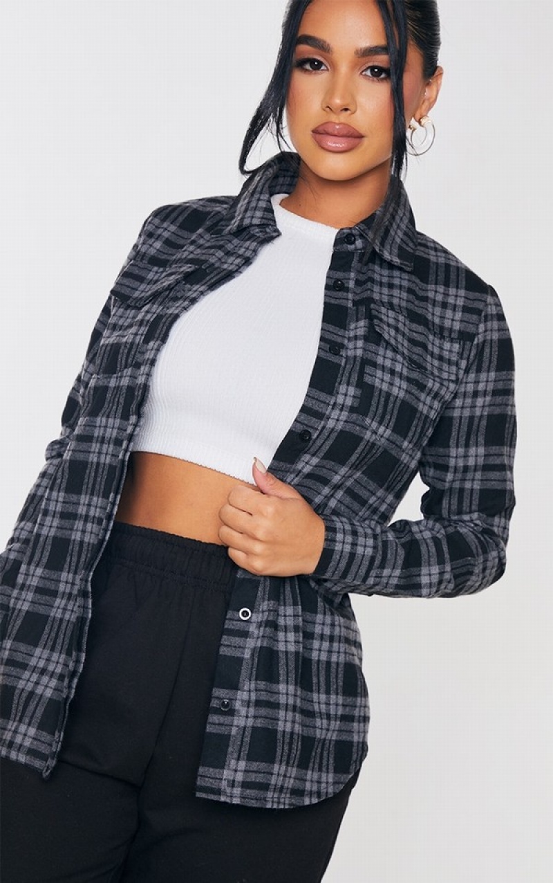 Camasa Pretty Little Thing Petite Oversized Checked Boyfriend Gri | JCRA41893